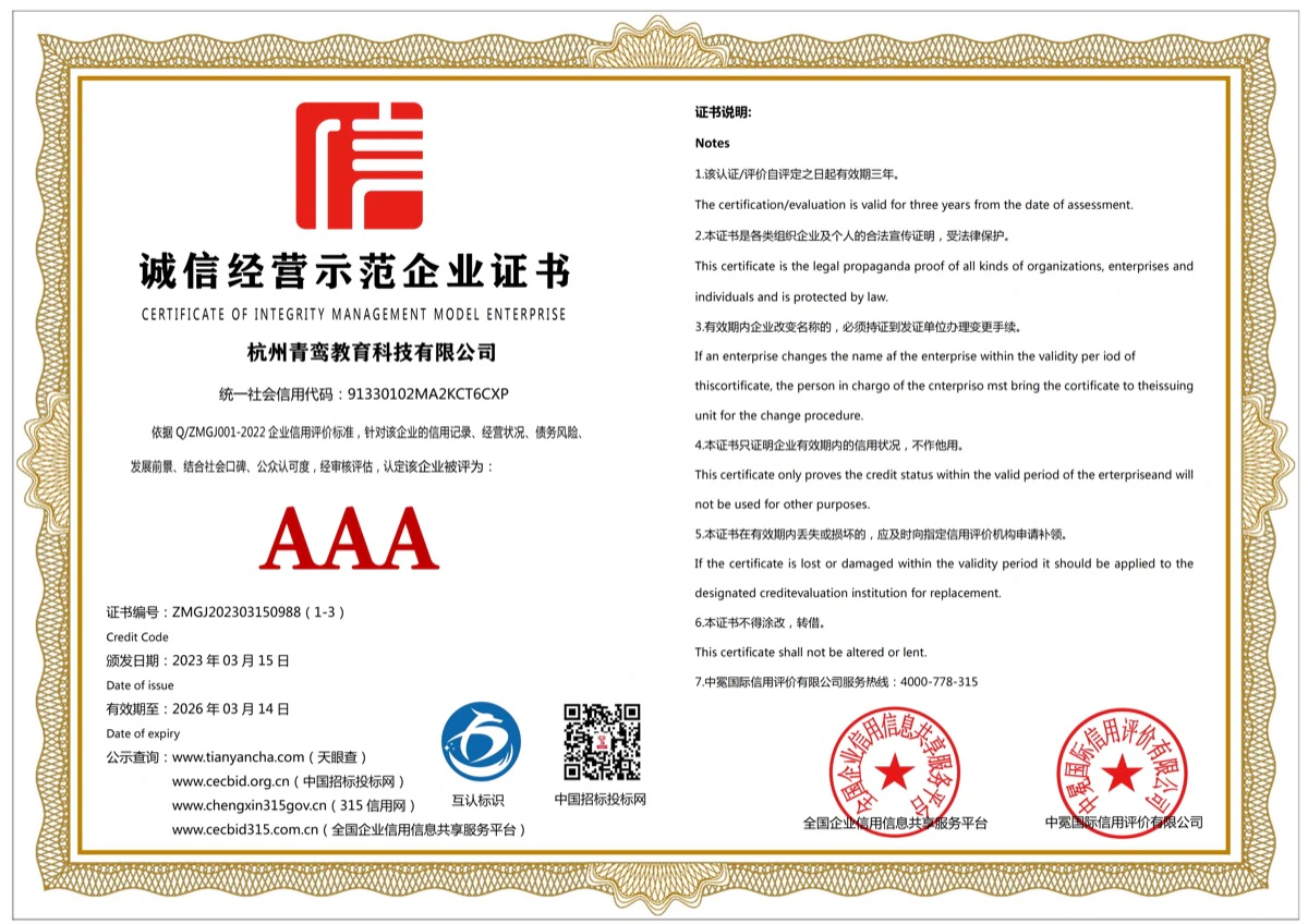 诚信经营示范企业证书